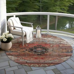 HomeRoots 8' Round Tribal Washable Area Rug in Rust, Ivory & Gray - Stylish, Durable for Indoor & Outdoor Use 620661