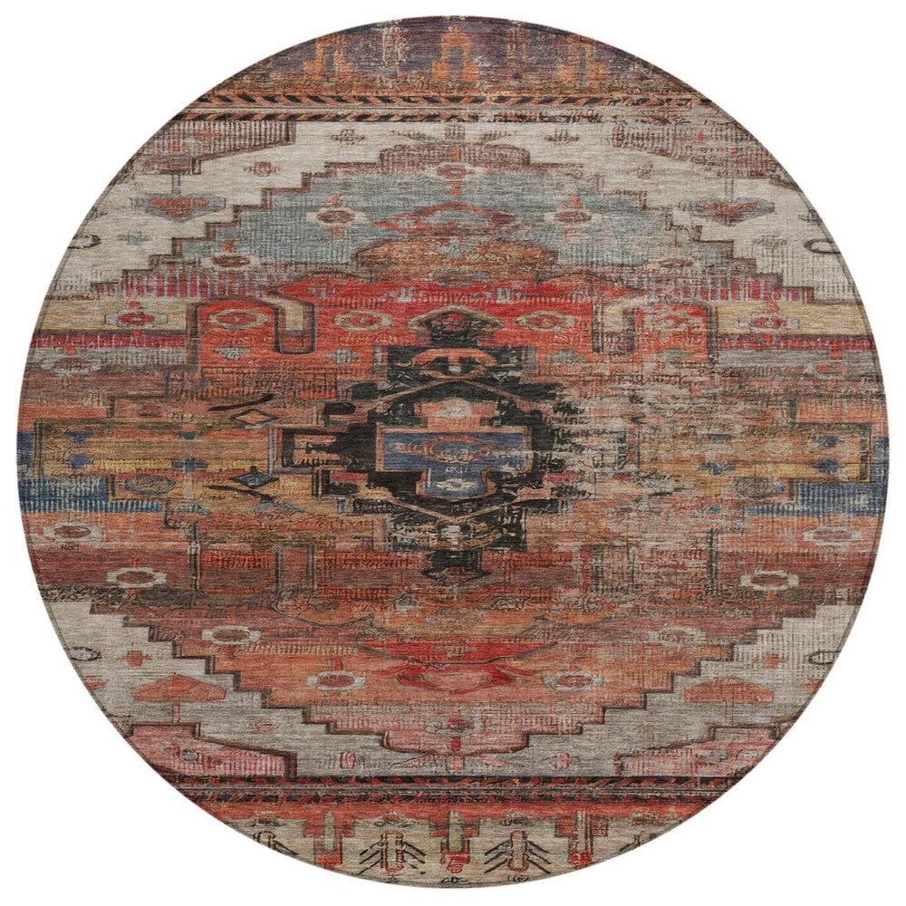 HomeRoots 8' Round Tribal Washable Area Rug in Rust, Ivory & Gray - Stylish, Durable for Indoor & Outdoor Use 620661