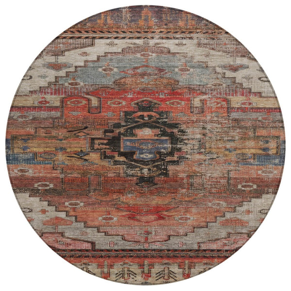 HomeRoots 8' Round Tribal Washable Area Rug in Rust, Ivory & Gray - Stylish, Durable for Indoor & Outdoor Use 620661