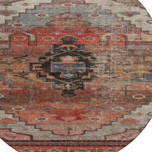 HomeRoots 8' Round Tribal Washable Area Rug in Rust, Ivory & Gray - Stylish, Durable for Indoor & Outdoor Use 620661