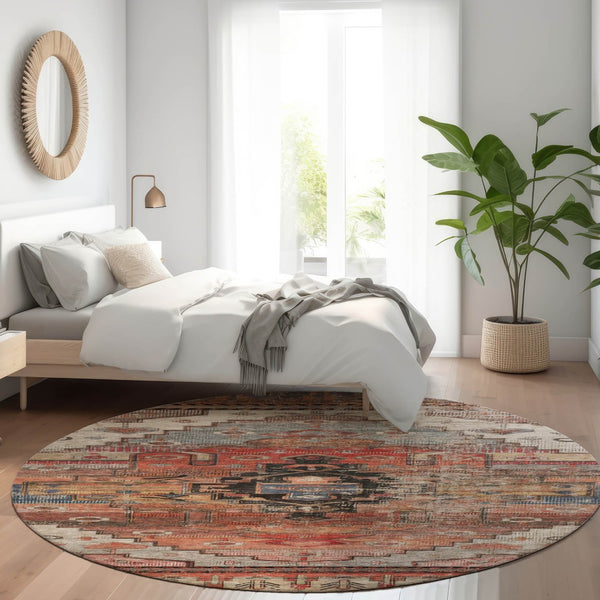 HomeRoots 8' Round Tribal Washable Area Rug in Rust, Ivory & Gray - Stylish, Durable for Indoor & Outdoor Use 620661