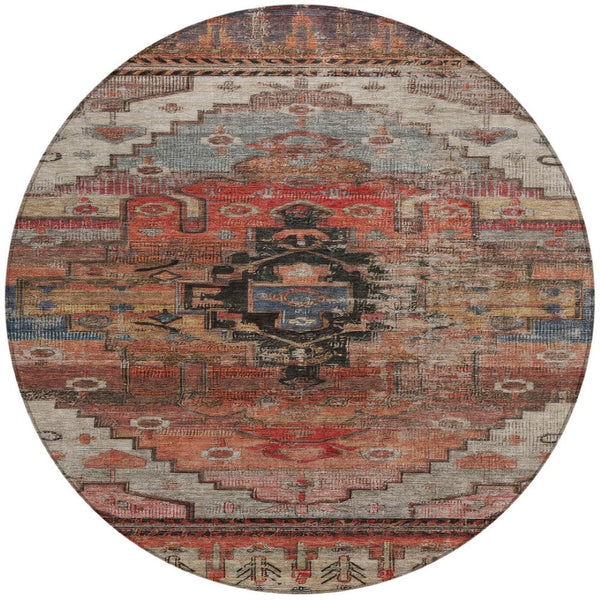 HomeRoots 8' Round Tribal Washable Area Rug in Rust, Ivory & Gray - Stylish, Durable for Indoor & Outdoor Use 620661