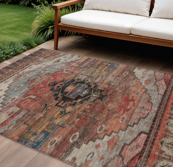 HomeRoots 9' X 12' Tribal Area Rug in Rust, Ivory & Gray - Washable, Durable for Indoor & Outdoor Spaces! 620663
