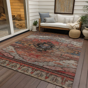 HomeRoots 9' X 12' Tribal Area Rug in Rust, Ivory & Gray - Washable, Durable for Indoor & Outdoor Spaces! 620663