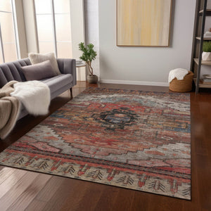 HomeRoots 9' X 12' Tribal Area Rug in Rust, Ivory & Gray - Washable, Durable for Indoor & Outdoor Spaces! 620663