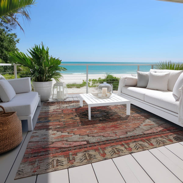 HomeRoots 9' X 12' Tribal Area Rug in Rust, Ivory & Gray - Washable, Durable for Indoor & Outdoor Spaces! 620663