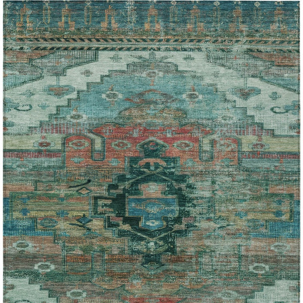 HomeRoots 5' Teal Blue Copper Gold Tribal Area Rug - Washable, Durable, Stain-Resistant for Indoor & Outdoor Use 620666