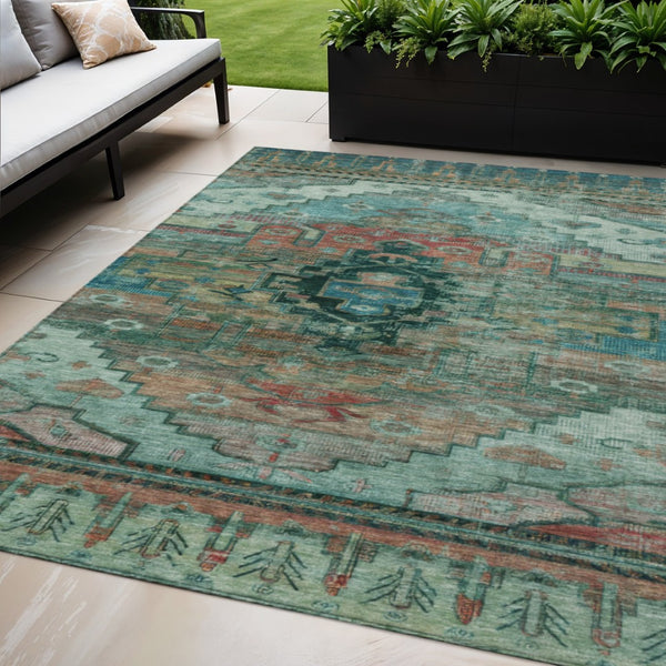 HomeRoots 5' Teal Blue Copper Gold Tribal Area Rug - Washable, Durable, Stain-Resistant for Indoor & Outdoor Use 620666