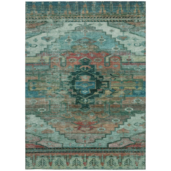 HomeRoots 5' Teal Blue Copper Gold Tribal Area Rug - Washable, Durable, Stain-Resistant for Indoor & Outdoor Use 620666