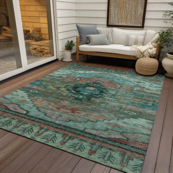 HomeRoots 5' Teal Blue Copper Gold Tribal Area Rug - Washable, Durable, Stain-Resistant for Indoor & Outdoor Use 620666