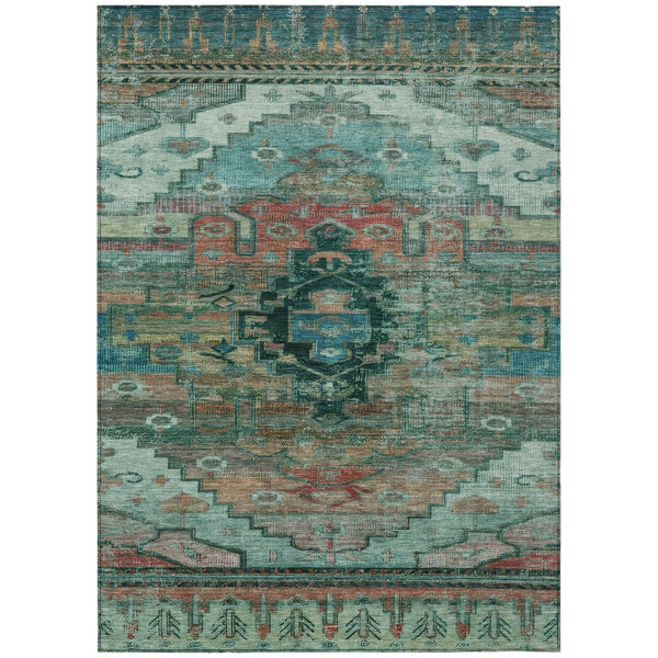 HomeRoots 5' Teal Blue Copper Gold Tribal Area Rug - Washable, Durable, Stain-Resistant for Indoor & Outdoor Use 620666