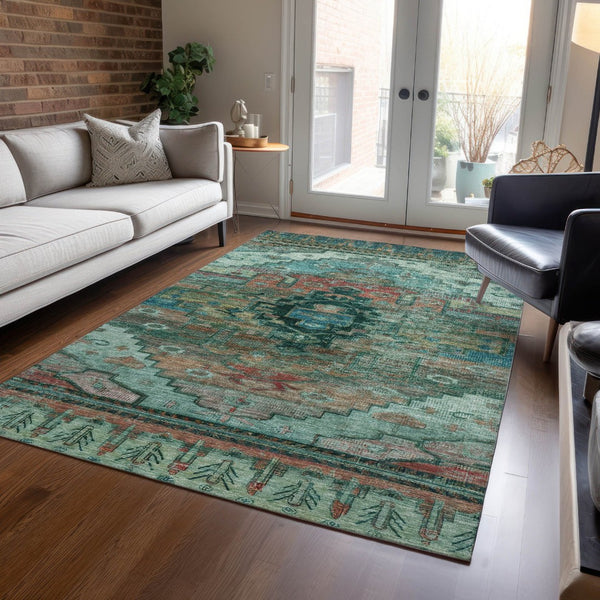 HomeRoots 5' Teal Blue Copper Gold Tribal Area Rug - Washable, Durable, Stain-Resistant for Indoor & Outdoor Use 620666