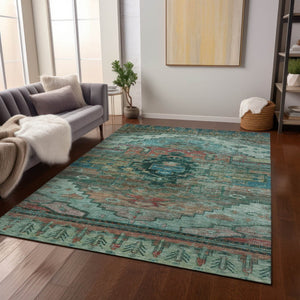 HomeRoots 5' Teal Blue Copper Gold Tribal Area Rug - Washable, Durable, Stain-Resistant for Indoor & Outdoor Use 620666