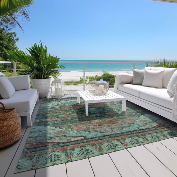 HomeRoots 5' Teal Blue Copper Gold Tribal Area Rug - Washable, Durable, Stain-Resistant for Indoor & Outdoor Use 620666
