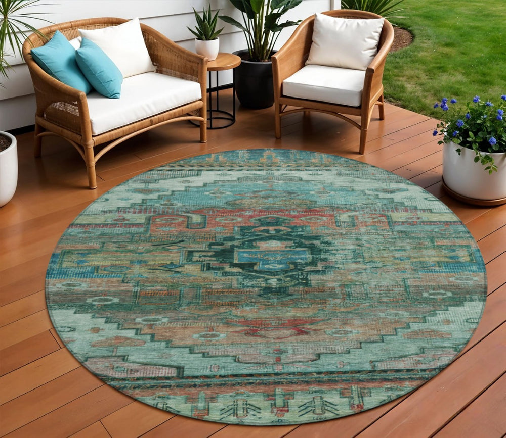 HomeRoots 8' Teal Blue Copper Gold Round Tribal Rug - Stylish, Washable, Indoor/Outdoor, Durable & Vibrant Design 620667