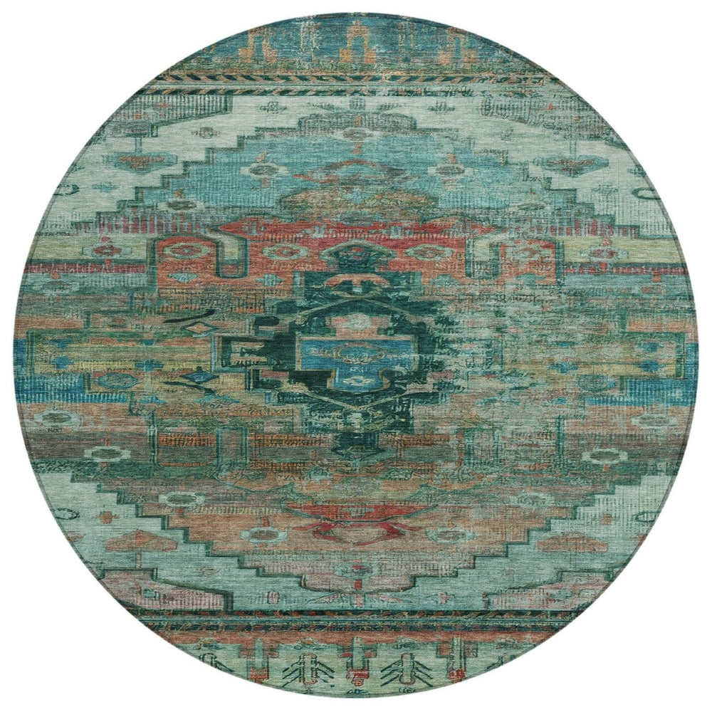 HomeRoots 8' Teal Blue Copper Gold Round Tribal Rug - Stylish, Washable, Indoor/Outdoor, Durable & Vibrant Design 620667
