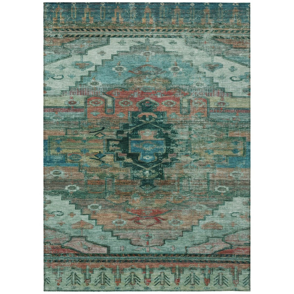 HomeRoots 8' X 10' Teal Blue Copper Gold Tribal Washable Rug - Stylish, Durable Indoor Outdoor Accent for Any Space 620668
