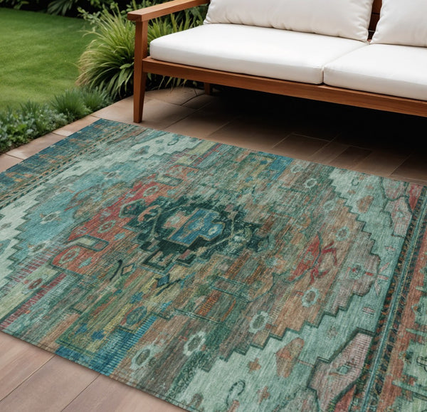 HomeRoots 9' X 12' Stunning Teal Blue Tribal Area Rug - Durable, Washable, Perfect for Indoor & Outdoor Spaces! 620669