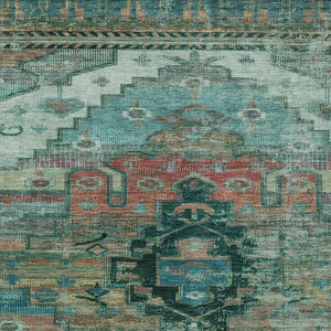 HomeRoots 9' X 12' Stunning Teal Blue Tribal Area Rug - Durable, Washable, Perfect for Indoor & Outdoor Spaces! 620669