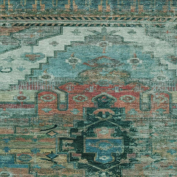HomeRoots 9' X 12' Stunning Teal Blue Tribal Area Rug - Durable, Washable, Perfect for Indoor & Outdoor Spaces! 620669