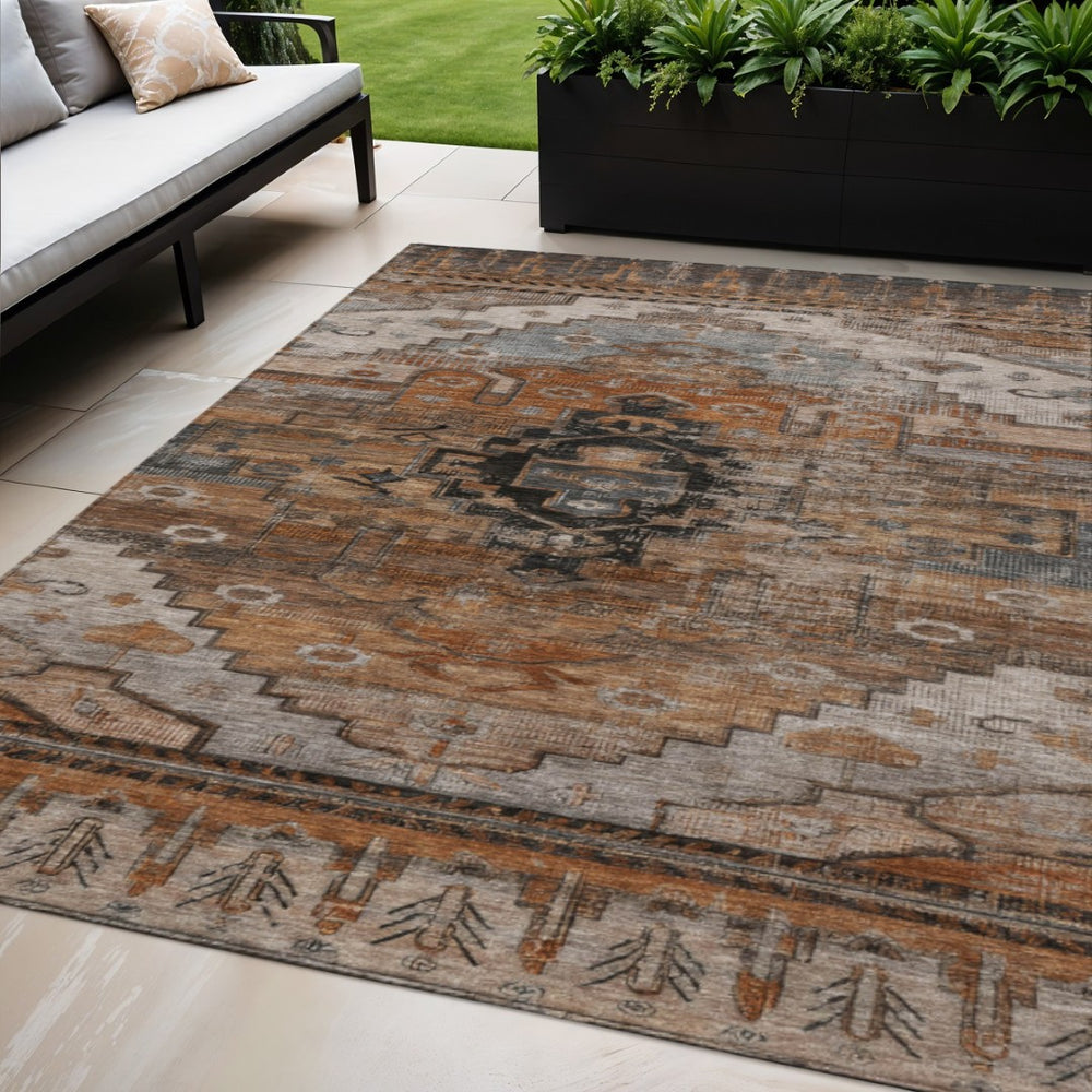 HomeRoots 5' X 8' Terra Cotta Tribal Rug – Washable, Durable, Indoor/Outdoor, Stylish for High-Traffic Areas 620672