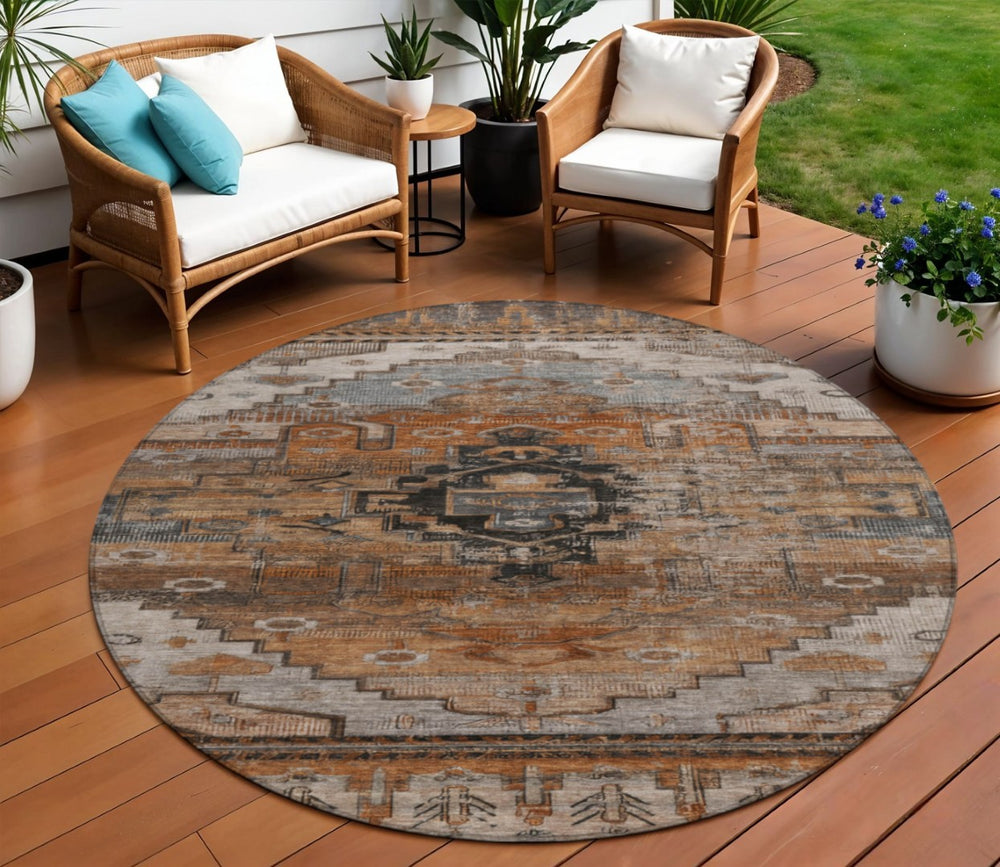 HomeRoots 8' Terra Cotta Round Tribal Rug - Stylish, Washable Indoor/Outdoor Area Rug for High-Traffic Spaces 620673
