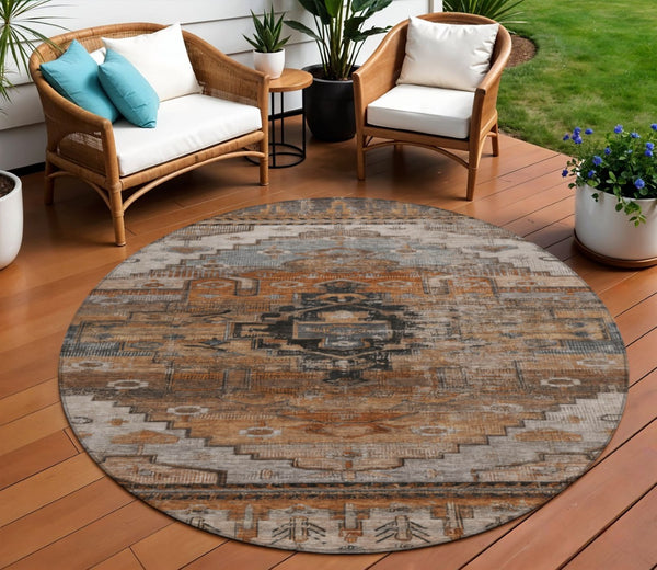 HomeRoots 8' Terra Cotta Round Tribal Rug - Stylish, Washable Indoor/Outdoor Area Rug for High-Traffic Spaces 620673