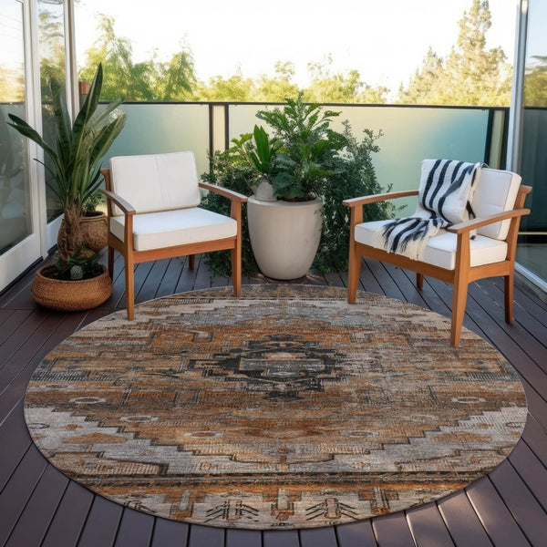 HomeRoots 8' Terra Cotta Round Tribal Rug - Stylish, Washable Indoor/Outdoor Area Rug for High-Traffic Spaces 620673