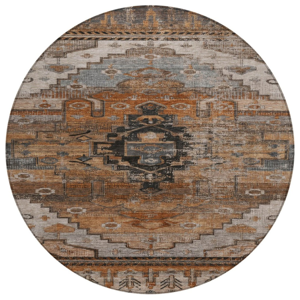 HomeRoots 8' Terra Cotta Round Tribal Rug - Stylish, Washable Indoor/Outdoor Area Rug for High-Traffic Spaces 620673