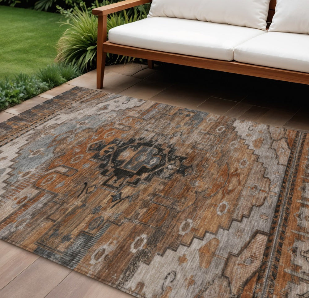HomeRoots 10' Terra Cotta Rust & Gray Tribal Area Rug - Durable, Washable, Perfect for Indoor & Outdoor Spaces 620676
