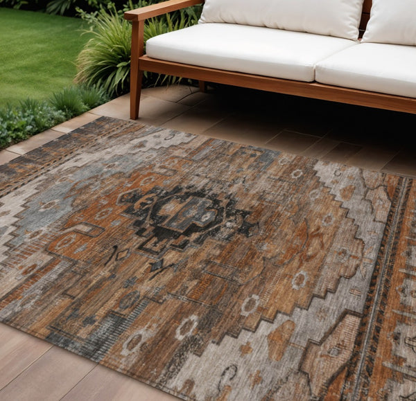 HomeRoots 10' Terra Cotta Rust & Gray Tribal Area Rug - Durable, Washable, Perfect for Indoor & Outdoor Spaces 620676