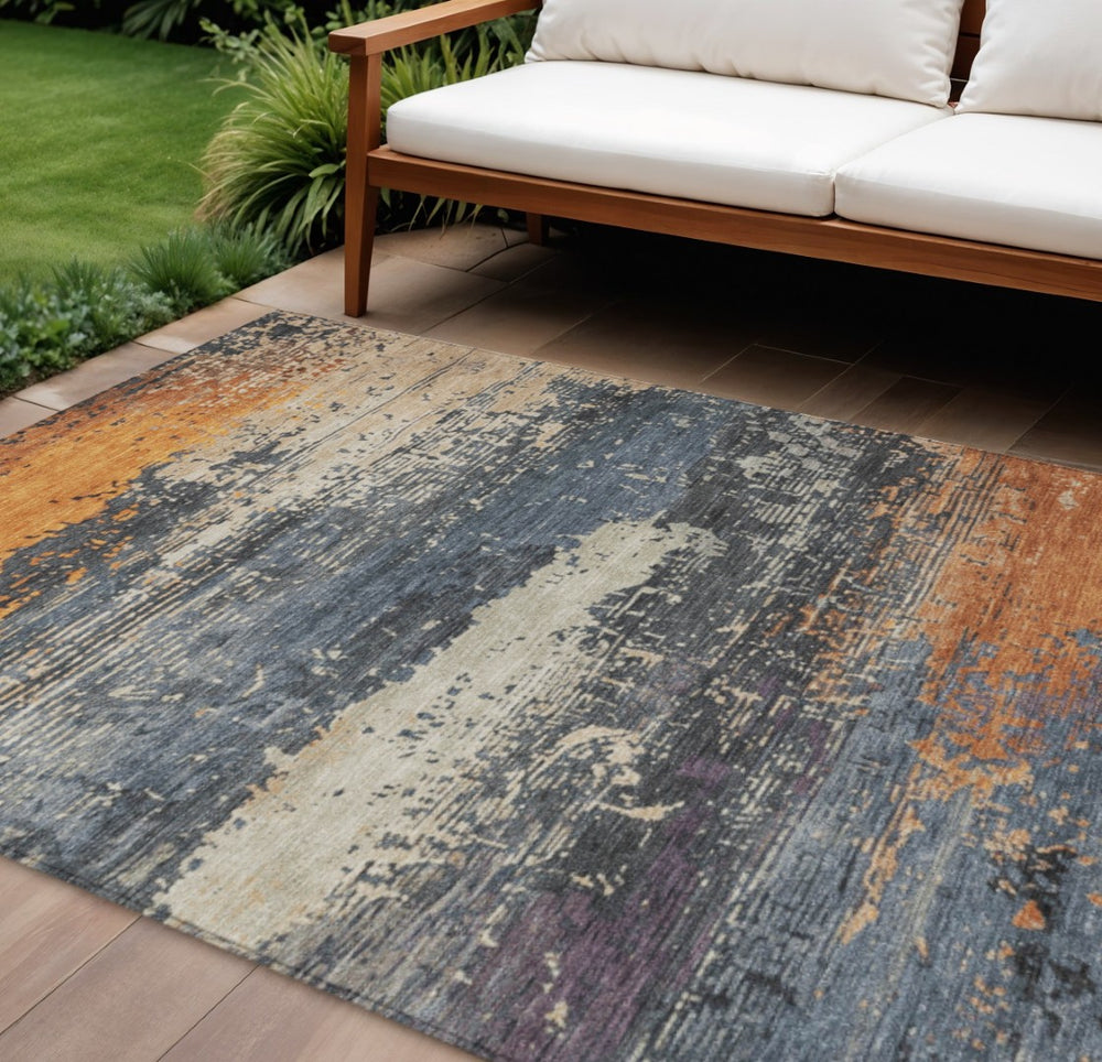 HomeRoots 8' x 10' Abstract Blue, Gray & Orange Washable Rug – Stylish, Durable Indoor/Outdoor Décor Solution 620686