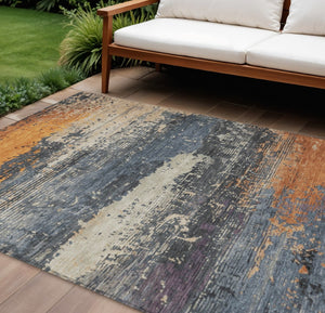HomeRoots 8' x 10' Abstract Blue, Gray & Orange Washable Rug – Stylish, Durable Indoor/Outdoor Décor Solution 620686
