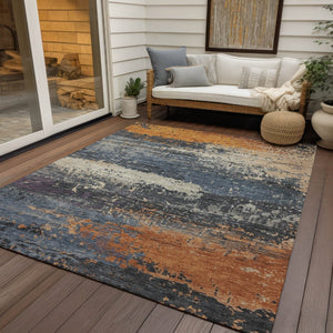 HomeRoots 8' x 10' Abstract Blue, Gray & Orange Washable Rug – Stylish, Durable Indoor/Outdoor Décor Solution 620686