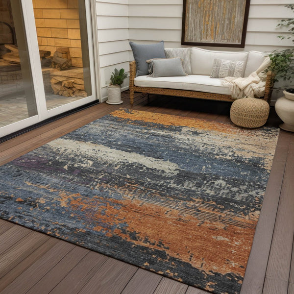 HomeRoots 8' x 10' Abstract Blue, Gray & Orange Washable Rug – Stylish, Durable Indoor/Outdoor Décor Solution 620686