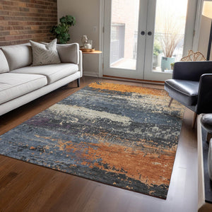 HomeRoots 8' x 10' Abstract Blue, Gray & Orange Washable Rug – Stylish, Durable Indoor/Outdoor Décor Solution 620686