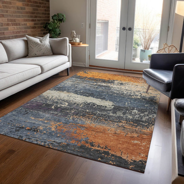 HomeRoots 8' x 10' Abstract Blue, Gray & Orange Washable Rug – Stylish, Durable Indoor/Outdoor Décor Solution 620686