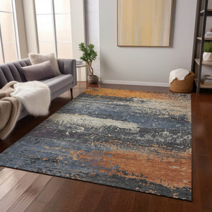 HomeRoots 8' x 10' Abstract Blue, Gray & Orange Washable Rug – Stylish, Durable Indoor/Outdoor Décor Solution 620686