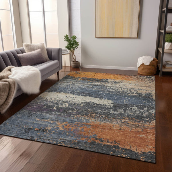 HomeRoots 8' x 10' Abstract Blue, Gray & Orange Washable Rug – Stylish, Durable Indoor/Outdoor Décor Solution 620686