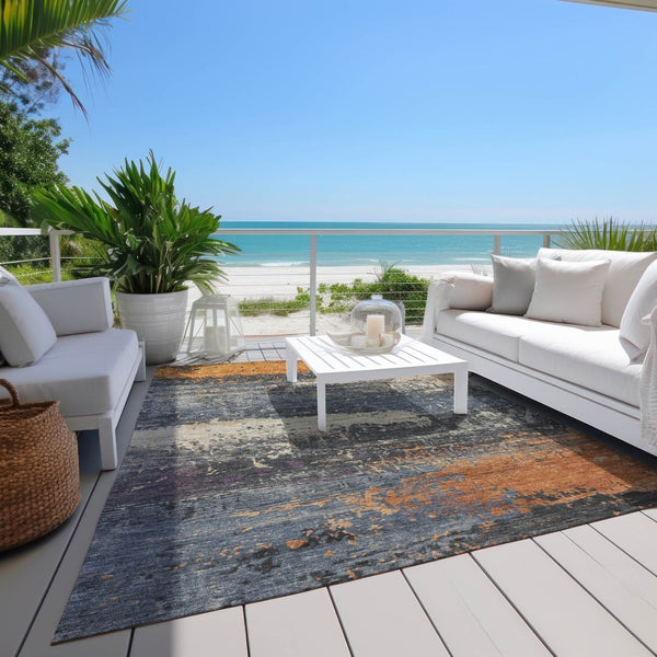 HomeRoots 8' x 10' Abstract Blue, Gray & Orange Washable Rug – Stylish, Durable Indoor/Outdoor Décor Solution 620686