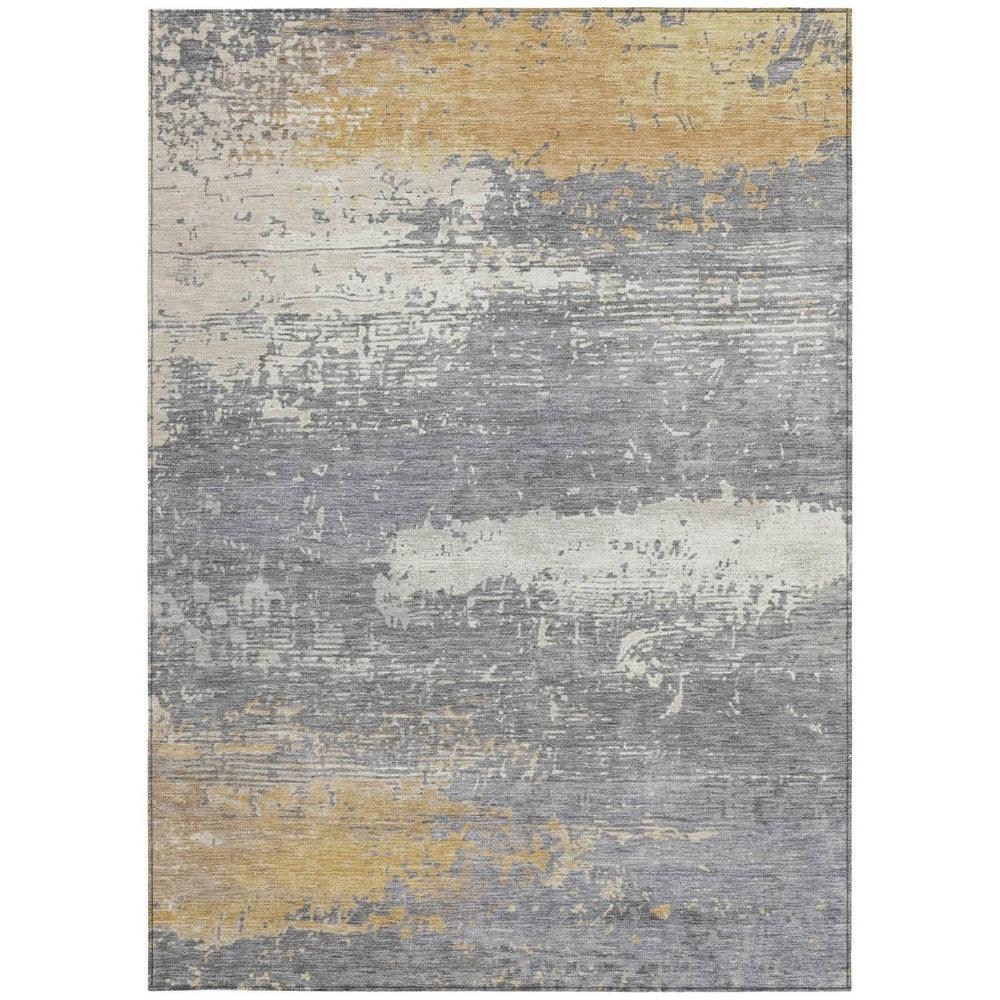 HomeRoots 5' Indoor Outdoor Abstract Area Rug in Gold, Gray & Silver – Stylish, Washable & Durable Design 620696
