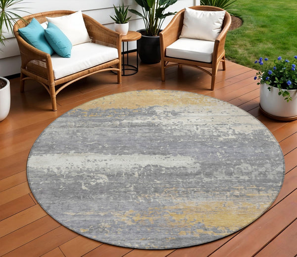 HomeRoots 8' Gold, Gray & Silver Round Abstract Area Rug - Washable Indoor/Outdoor Design for High-Traffic Spaces 620697