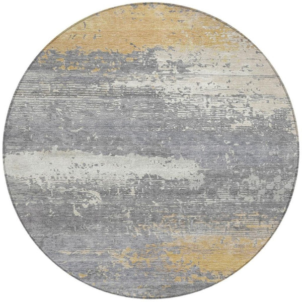 HomeRoots 8' Gold, Gray & Silver Round Abstract Area Rug - Washable Indoor/Outdoor Design for High-Traffic Spaces 620697