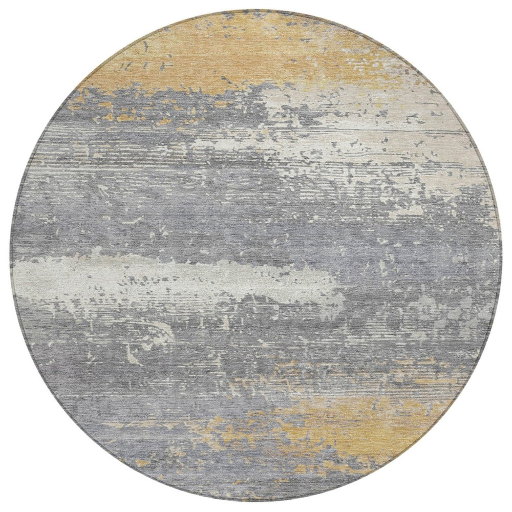 HomeRoots 8' Gold, Gray & Silver Round Abstract Area Rug - Washable Indoor/Outdoor Design for High-Traffic Spaces 620697