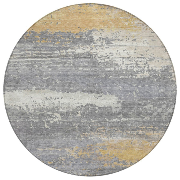 HomeRoots 8' Gold, Gray & Silver Round Abstract Area Rug - Washable Indoor/Outdoor Design for High-Traffic Spaces 620697