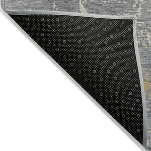 HomeRoots 8' Gold, Gray & Silver Round Abstract Area Rug - Washable Indoor/Outdoor Design for High-Traffic Spaces 620697