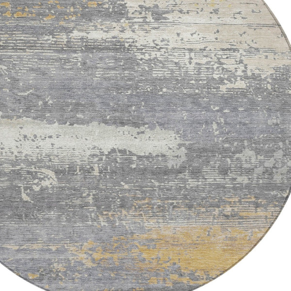 HomeRoots 8' Gold, Gray & Silver Round Abstract Area Rug - Washable Indoor/Outdoor Design for High-Traffic Spaces 620697