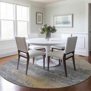 HomeRoots 8' Gold, Gray & Silver Round Abstract Area Rug - Washable Indoor/Outdoor Design for High-Traffic Spaces 620697