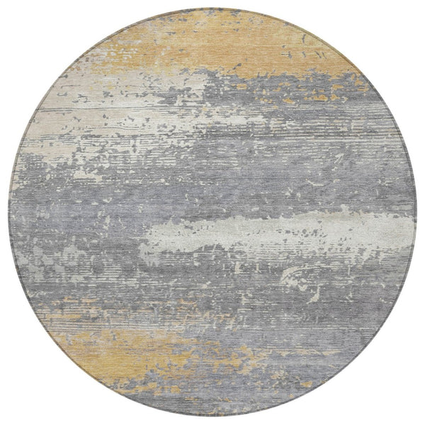 HomeRoots 8' Gold, Gray & Silver Round Abstract Area Rug - Washable Indoor/Outdoor Design for High-Traffic Spaces 620697