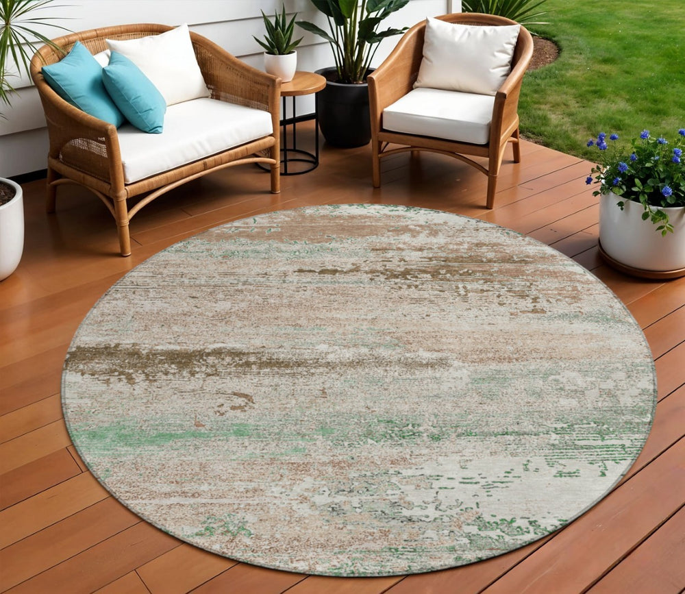 HomeRoots 8' Khaki Beige & Ivory Round Abstract Area Rug – Stylish, Washable, Durable for Indoor & Outdoor Use 620703